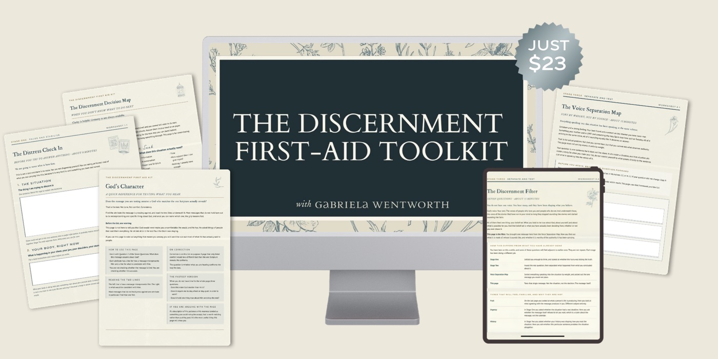 The Discernment First Aid Toolkit shown on a screen, a tablet, and printed worksheets